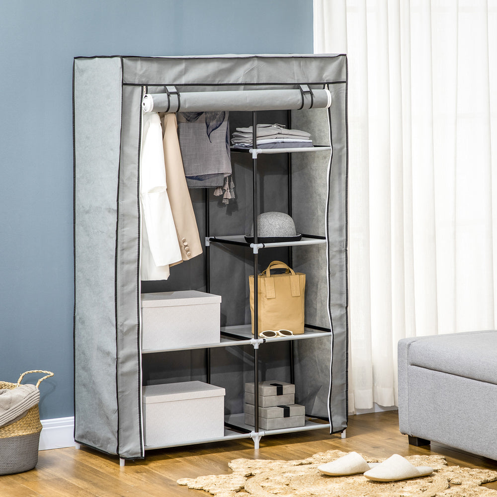 Fabric Wardrobe, Portable Wardrobe with 6 Shelves, 1 Hanging Rail, Foldable Closets, 103 x 43 x 162.5 cm, Light Grey