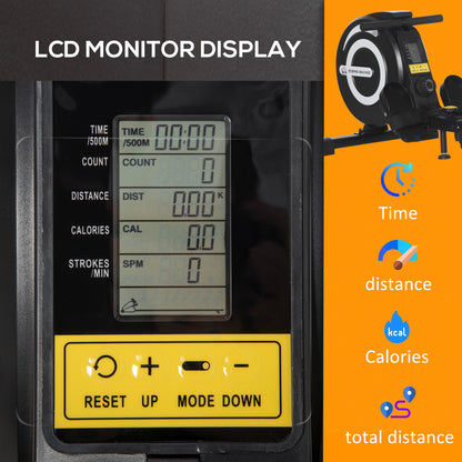 Indoor Body Health & Fitness Adjustable Magnetic Rowing Machine Rower with LCD Digital Monitor & Wheels for Home Gym