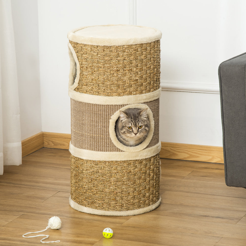 Cat Scratching Barrel Kitten Tree Tower for Indoor Cats Pet Furniture Climbing Frame Covered with Sisal and Seaweed Rope Cozy Platform Soft Plush