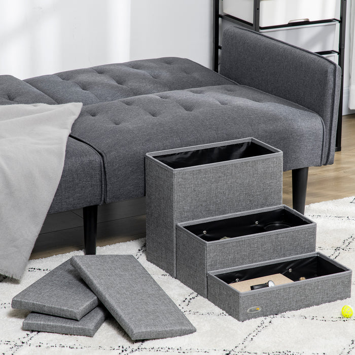 3 Step Dog Steps with Storage Boxes, Cat Stairs for Bed, Pet Ladder for Couch, Sofa - Grey