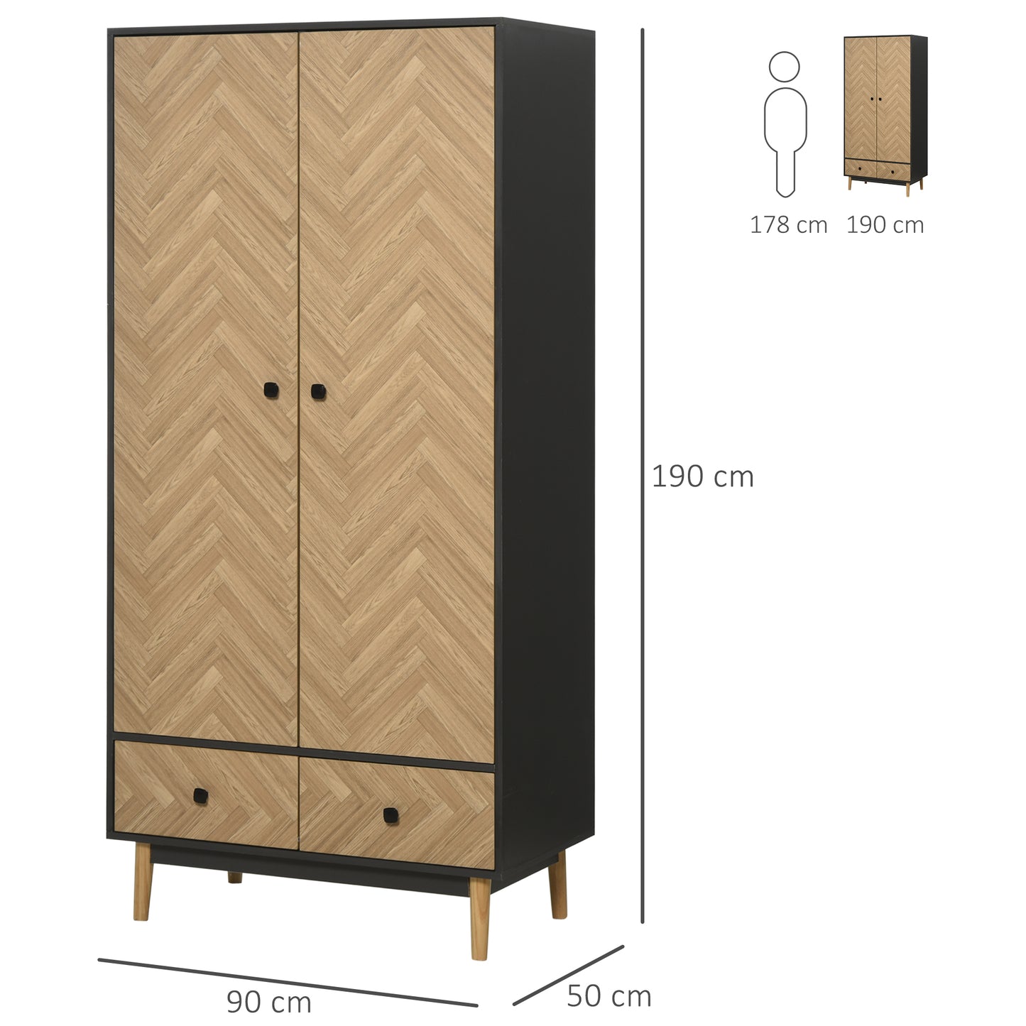 Modern Wardrobe Cabinet Wood Grain Sticker Surface with Shelf, Hanging Rod and 2 Drawers 90x50x190cm