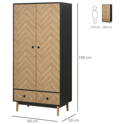 Modern Wardrobe Cabinet Wood Grain Sticker Surface with Shelf, Hanging Rod and 2 Drawers 90x50x190cm