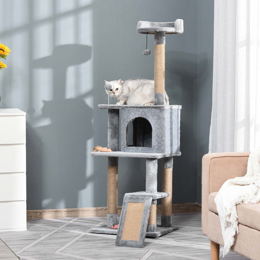 Cat Tree Tower for Indoor Cats 142cm Climbing Kitten Activity Center with Jute Scratching Post Board Perch Roomy Condo Removable Felt Hanging Toy, Grey