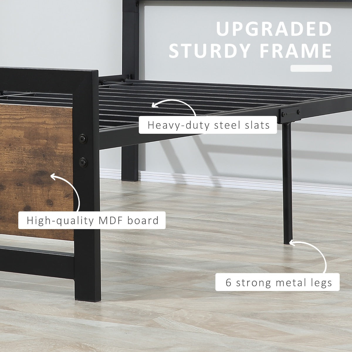 Single Metal Bed Frame with Headboard & Footboard, Strong Slat Support Solid Bedstead Base w/ Underbed Storage Space, No Box Spring Needed