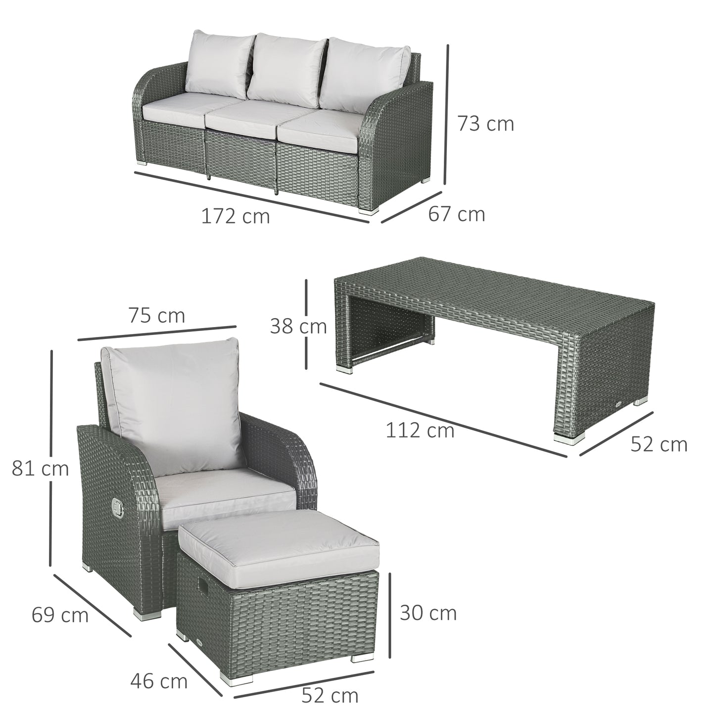 7 Seater Sofa & Coffee Table Footstool Set Outdoor Patio Wicker Weave Reclining Chair Space-saving - Light Grey