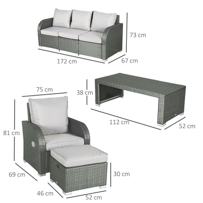 7 Seater Sofa & Coffee Table Footstool Set Outdoor Patio Wicker Weave Reclining Chair Space-saving - Light Grey