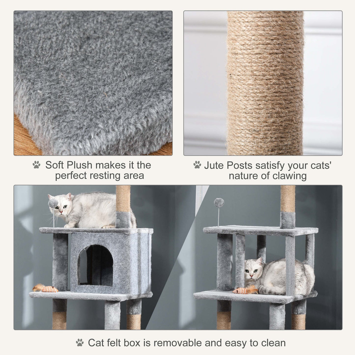 Cat Tree Tower for Indoor Cats 142cm Climbing Kitten Activity Center with Jute Scratching Post Board Perch Roomy Condo Removable Felt Hanging Toy, Grey