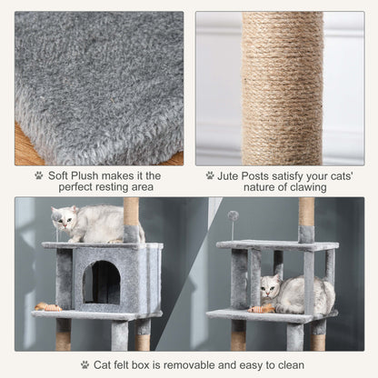 Cat Tree Tower for Indoor Cats 142cm Climbing Kitten Activity Center with Jute Scratching Post Board Perch Roomy Condo Removable Felt Hanging Toy, Grey