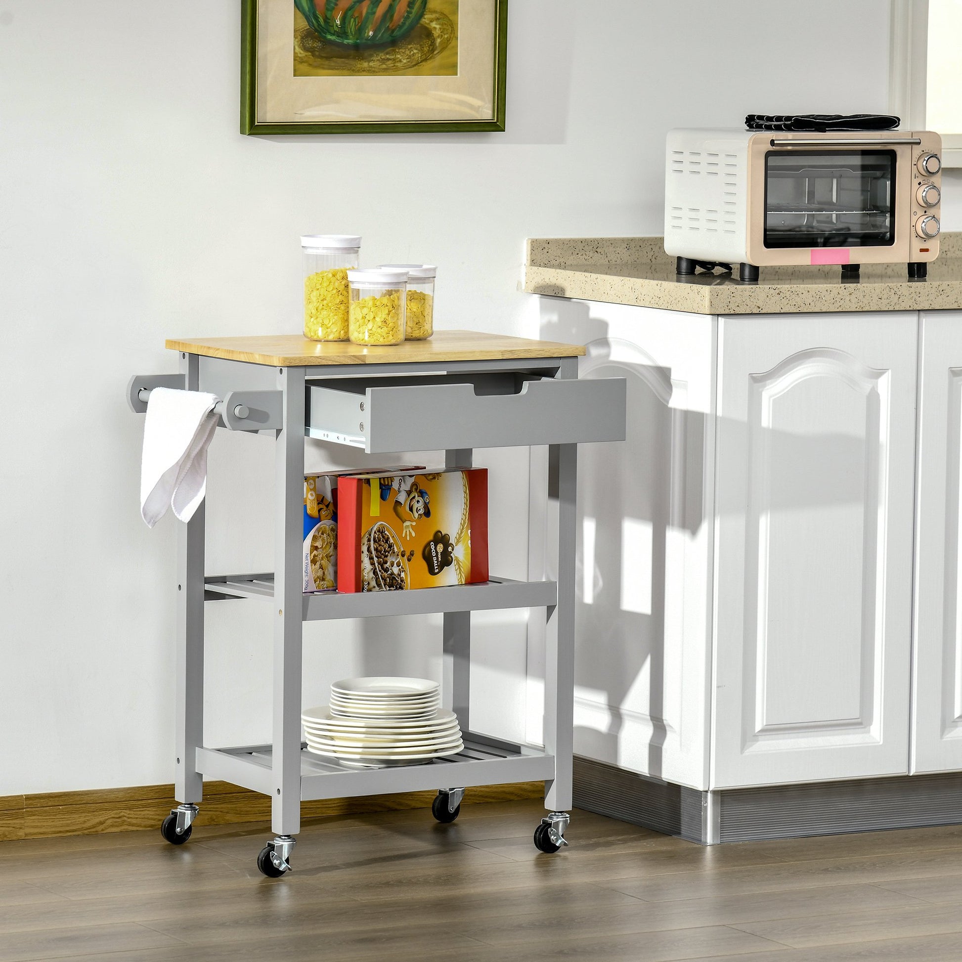 HOMCOM Kitchen Trolley Utility Cart on Wheels with Rubberwood Worktop, Towel Rack, Storage Shelves & Drawer for Dining Room, Grey