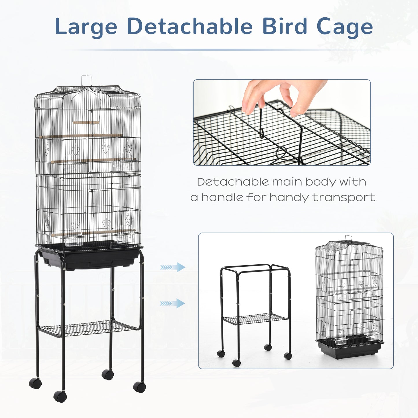 Bird Cage Budgie Cages for Finch Canary Parakeet with Stand Wheels Slide-out Tray Accessories Storage Shelf, Black 46.5 x 36 x 157 cm