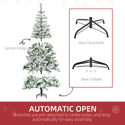 6 Ft Snow Flocked Artificial Christmas Tree Xmas Pine Tree with Realistic Branches, Auto Open and Steel Base, Green