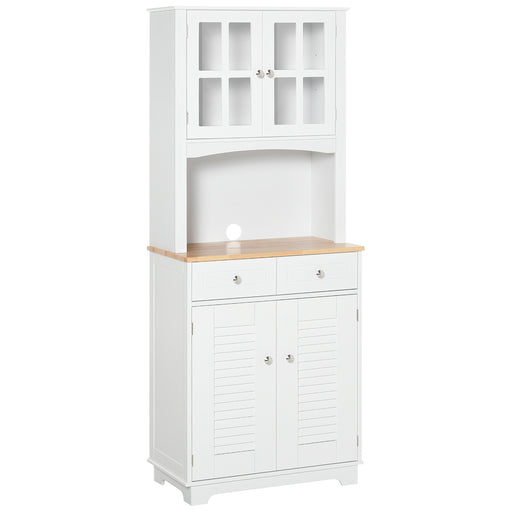 Modern Kitchen Cupboard, Louvered Kitchen Storage Cabinet with Framed Glass Doors and 2 Drawers, White