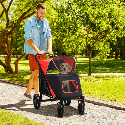 Pet Stroller w/ Universal Front Wheels, Shock Absorber, One-Click Foldable Dog Cat Carriage w/ Brakes, Storage Bags, Mesh Window, Safety Leash, for Large and Medium Dogs - Red
