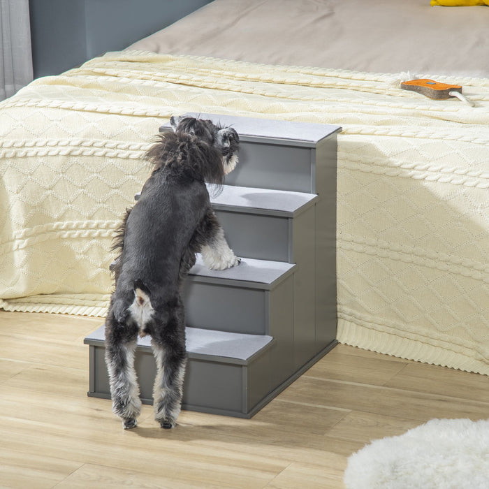 4 Step Wooden Dog Steps Pet Stairs for Dogs, Cat Ladder for Bed Couch with Non-Slip Carpet 40 x 59 x 54.2 cm, Grey