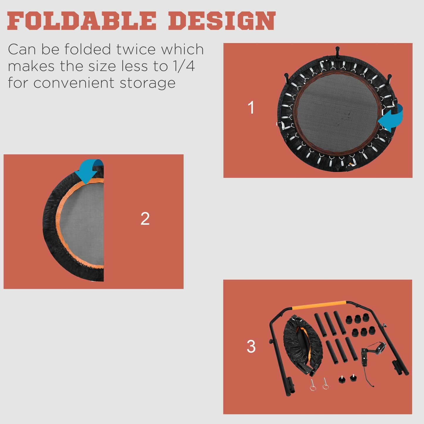 HOMCOM 40" Foldable Mini Trampoline Fitness Trampoline Rebounder for Adults w/ Adjustable Foam Handle, for Indoors, Outdoors, Cardio Training