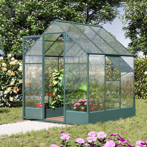 Outsunny Garden Walk-in Aluminium Greenhouse Polycarbonate with Plant Bed ,Temperature Controlled Window, Foundation, 6 x 6ft