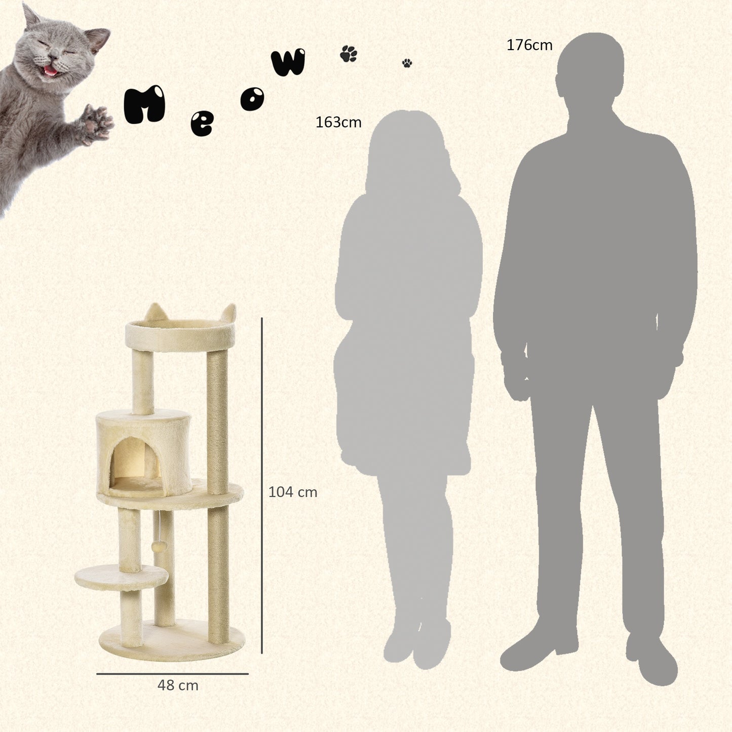 104 cm Cat Tree, Cat Condo Tree Tower, Cat Activity Centre with Scratching Posts, Plush Perch, Hanging Ball - Beige