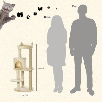 104 cm Cat Tree, Cat Condo Tree Tower, Cat Activity Centre with Scratching Posts, Plush Perch, Hanging Ball - Beige