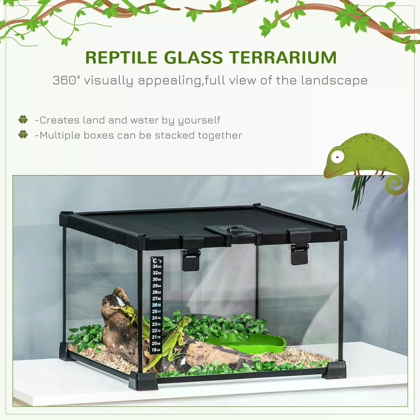 Glass Reptile Terrarium Insect Breeding Tank Vivarium Habitats with Thermometer for Lizards, Horned Frogs, Snakes, Spiders - Small 30 x 30 x 20cm