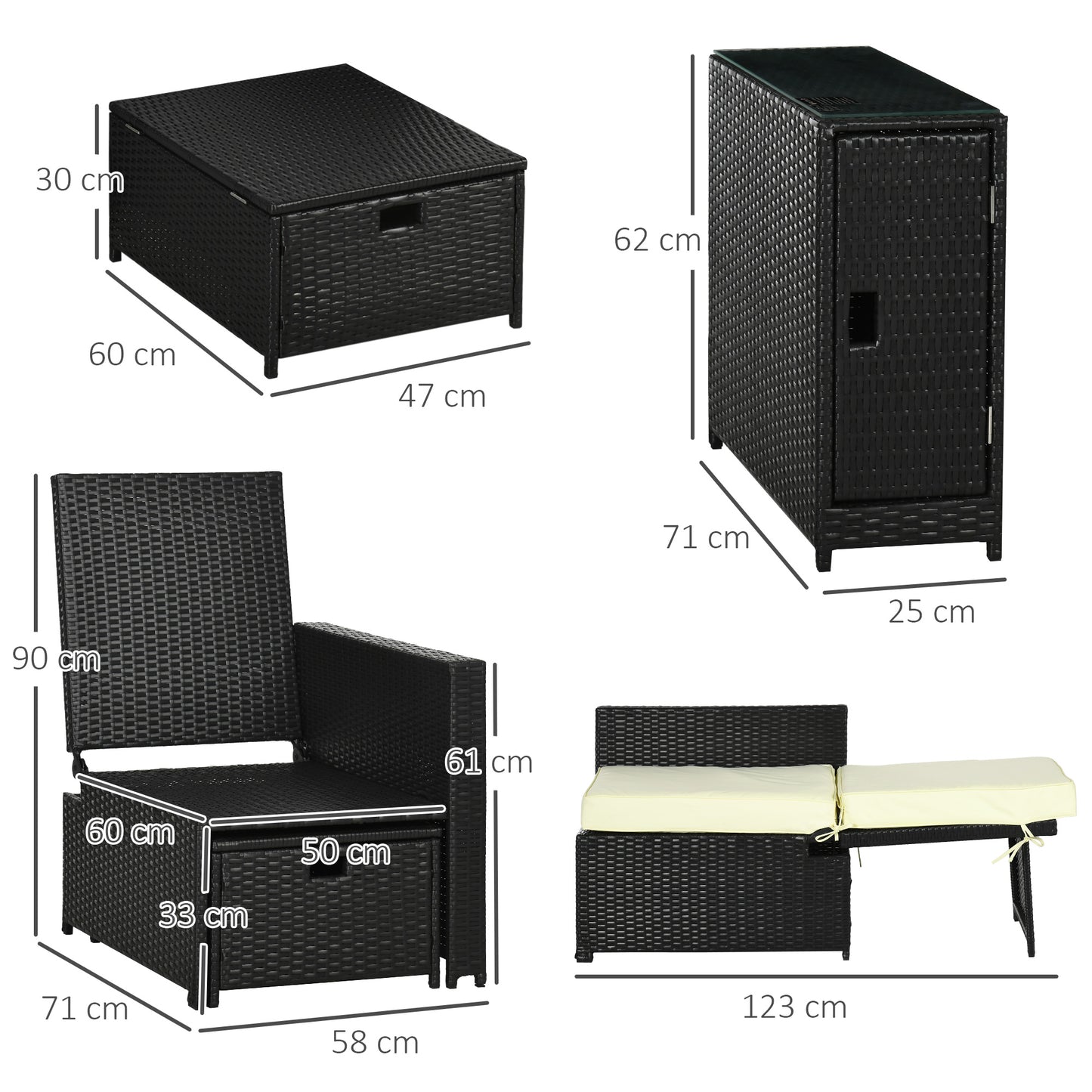 5PC PE Rattan Sun Lounger, Outdoor Wicker 5-level Adjustable Reclining  Bed with Storage Side Table and Footstools, for Patio, Garden, Poolside, Black