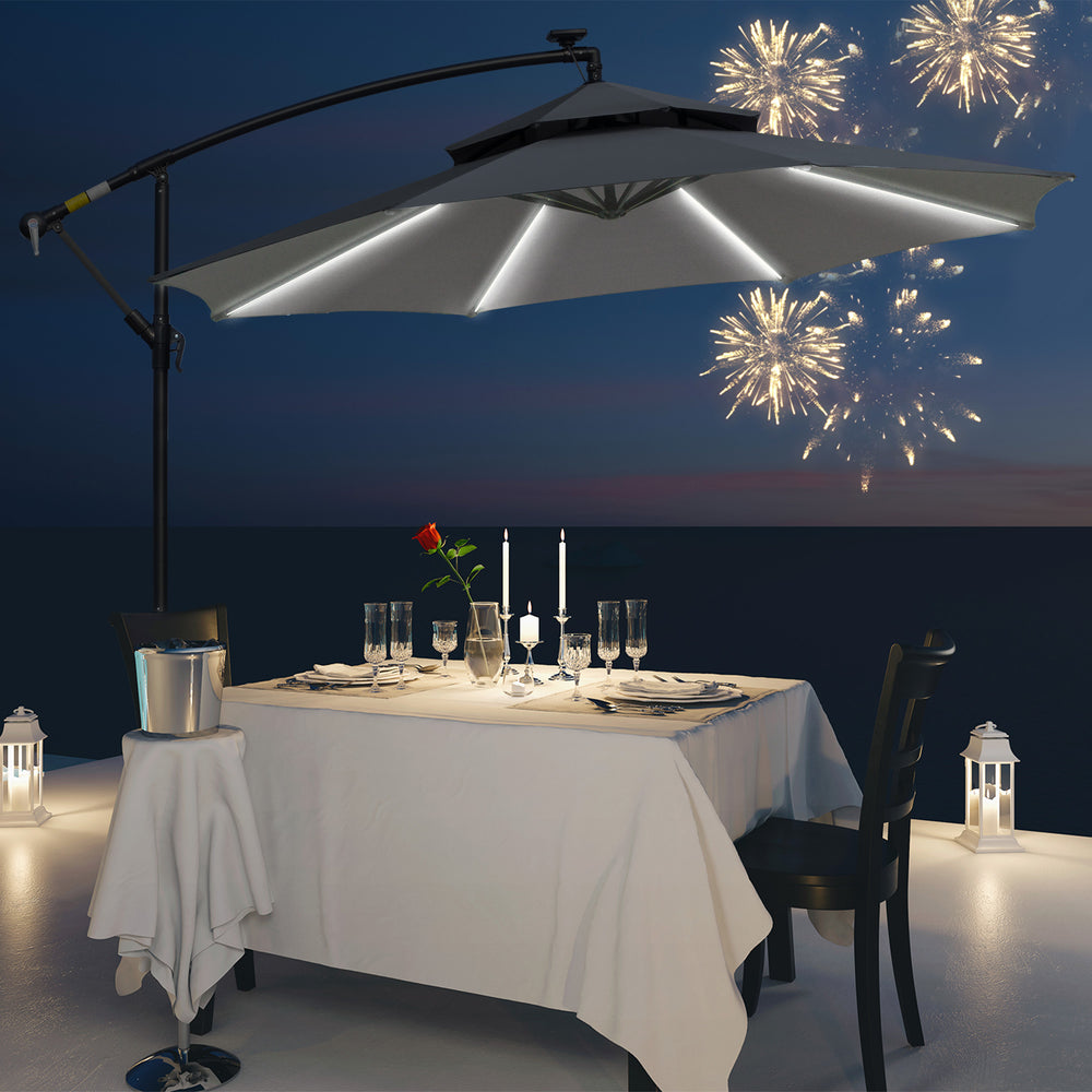 Outsunny 3(m) Cantilever Banana Parasol Hanging Umbrella with Double Roof, LED Solar lights, Crank, 8 Sturdy Ribs and Cross Base for Outdoor, Garden, Patio, Grey