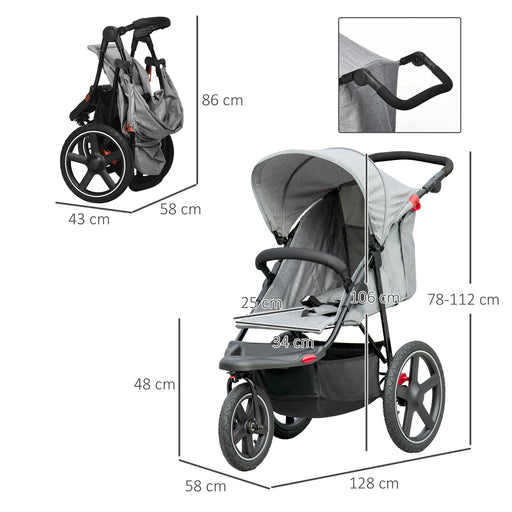 Foldable Three-Wheeler Baby Stroller w/ Canopy, Storage Basket - Grey