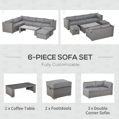 6 Pieces Outdoor PE Rattan Wicker Corner Sofa Set with 10cm Thick Padded Cushions, Aluminium Conservatory Furniture with Glass Top Coffee Table, Footstools, Grey