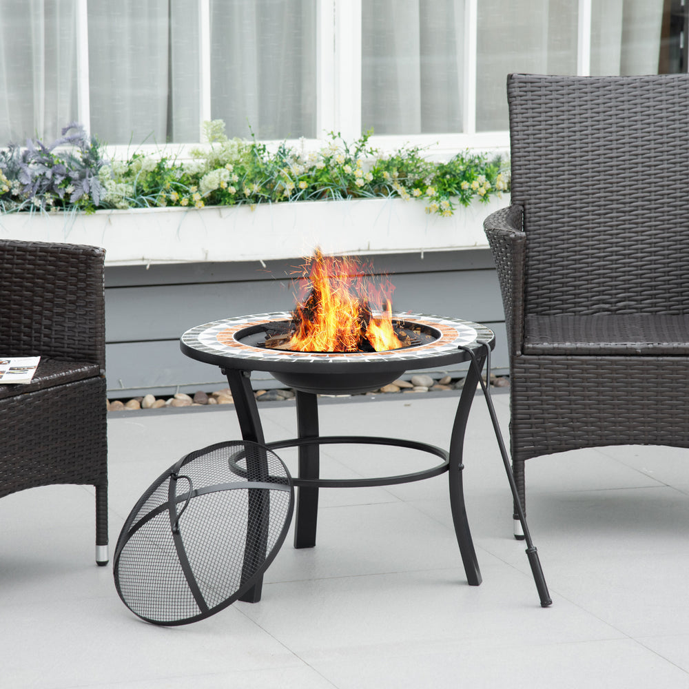 Outdoor Fire Pit Table with Mosaic Outer, Round Firepit with Spark Screen Cover, Fire Poker for Garden Bonfire Party