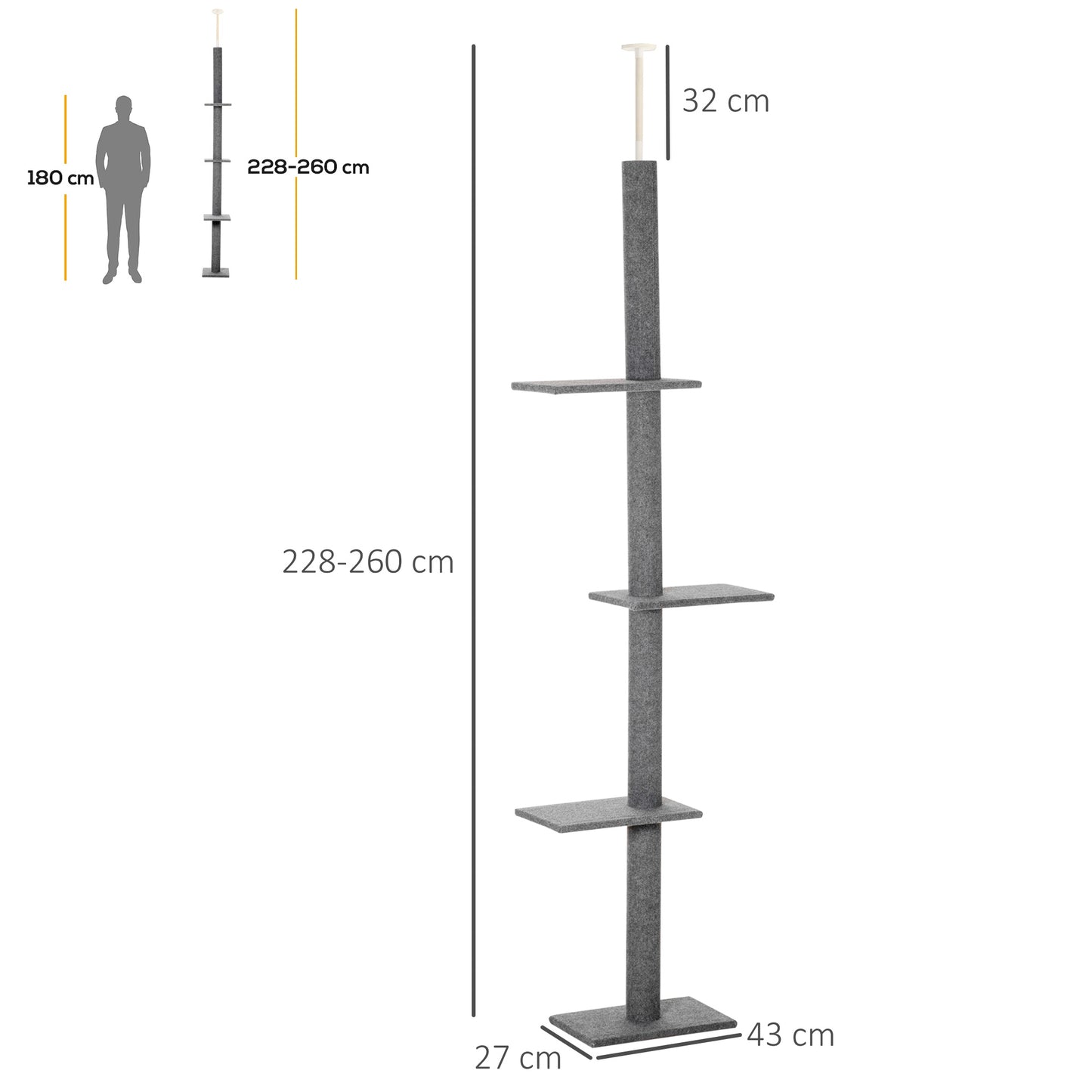 260cm Floor To Ceiling Cat Tree for Indoor Cats w/ Three Platforms Activity Centre - Grey