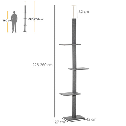 260cm Floor To Ceiling Cat Tree for Indoor Cats w/ Three Platforms Activity Centre - Grey