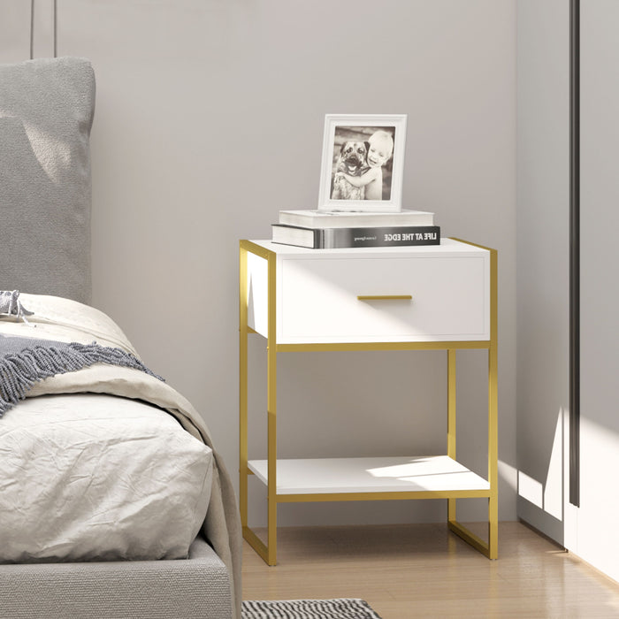 Modern Bedside Table, Bedside Cabinet with Drawer Shelf, Storage Organizer for Bedroom, Living Room, White and Gold