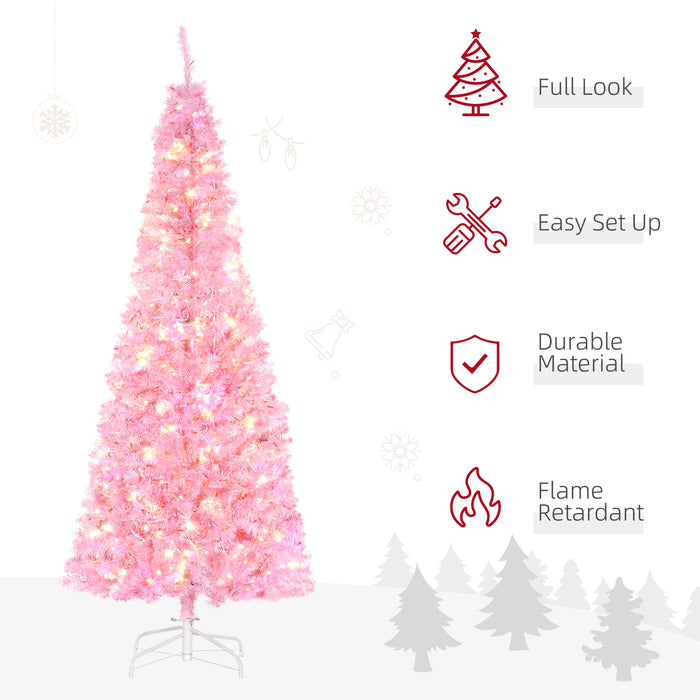 6' Tall Prelit Pencil Slim Artificial Christmas Tree with Realistic Branches, 300 Warm White LED Lights and 618 Tips, Xmas Decoration, Pink