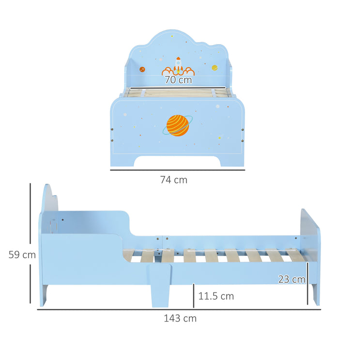 ZONEKIZ Toddler Bed Kids Bedroom Furniture with Rocket & Plants Patterns Safety Side Rails Slats, Blue