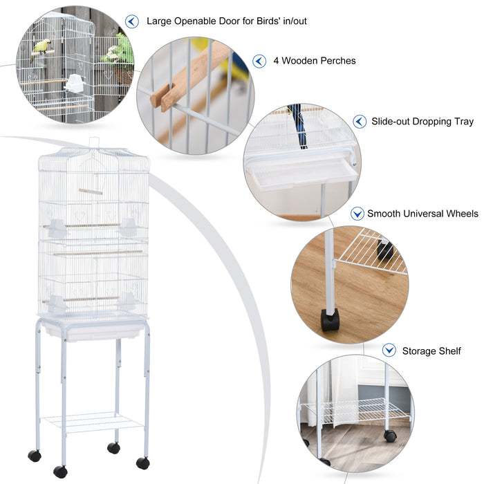 Bird Cage Budgie Cages for Finch Canary Parakeet with Stand Wheels Slide-out Tray Accessories Storage Shelf, White 46.5 x 36 x 157 cm