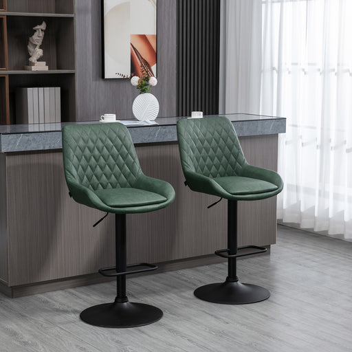 Retro Bar Stools Set of 2, Adjustable Kitchen Stool, Upholstered Bar Chairs with Back, Swivel Seat, Green