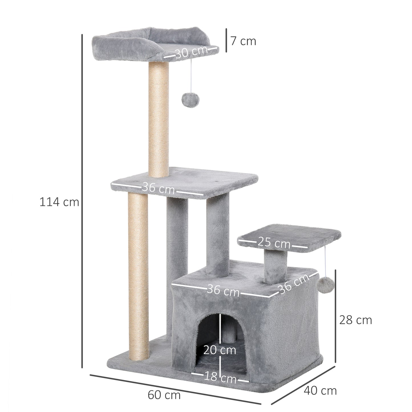 Cat Tree Tower for Indoor Cats 114cm Climbing Activity Centre Kitten with Sisal Scratching Post Perch Hanging Ball Condo Toy Light Grey