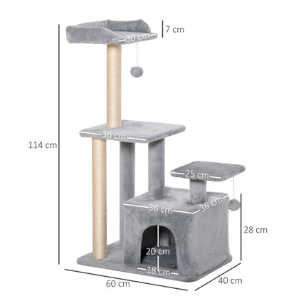 Cat Tree Tower for Indoor Cats 114cm Climbing Activity Centre Kitten with Sisal Scratching Post Perch Hanging Ball Condo Toy Light Grey