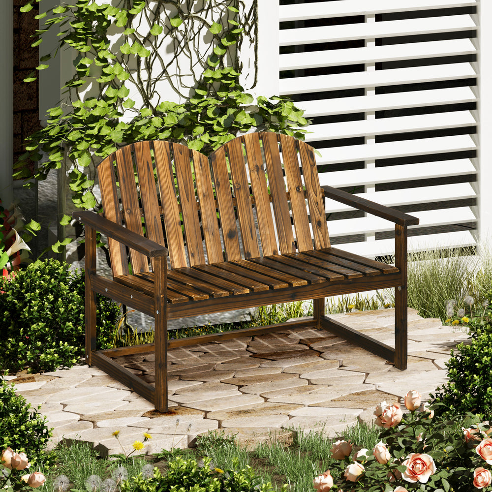 Outsunny Outdoor Wooden Garden Bench, Patio Loveseat Chair with Slatted Backrest and Smooth Armrests for Two People, for Yard, Lawn, Porch, Carbonised Finish