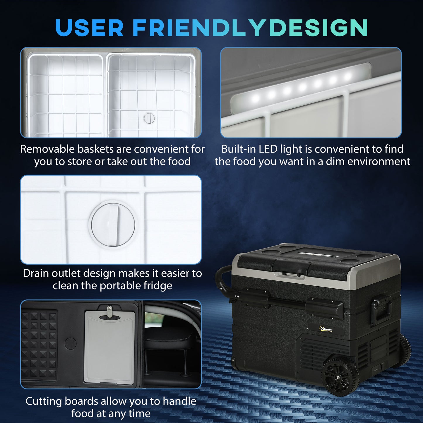 Outsunny 50L Car Refrigerator, Portable Compressor Cooler Box, Fridge Freezer w/ Inner LED Light, Foldable Handles, Cup Holders, 12/24V DC and 110-240V AC for Campervan RV Boat Travel Down to -20‚Äö√ë√â