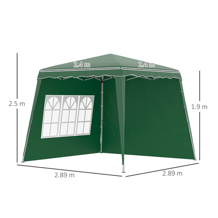 Outsunny Pop Up Gazebo with 2 Sides, Slant Legs and Carry Bag, Height Adjustable UV50+ Party Tent Event Shelter for Garden, Patio, 2.4 x 2.4m Top / 2.9 x 2.9m Base, Green