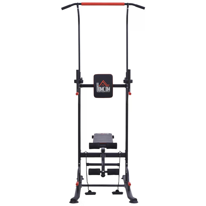 Multifunction Power Tower Home Workout Dip Station w/ Sit-up Bench Push-up Bars and Tension Ropes Fitness Equipment Office Gym Training