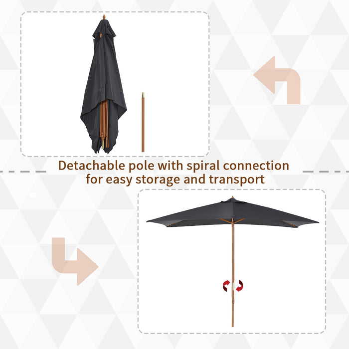 Wooden Garden Parasol Umbrella Outdoor Sun Shade Canopy, Dark Grey，2 x 3m