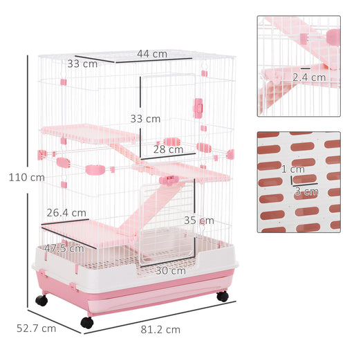 4-Level Small Animal Cage, Indoor Bunny House, for Ferrets, Chinchillas w/ Wheels, Slide-Out Tray, Pink, 81 x 52.5 x 114 cm