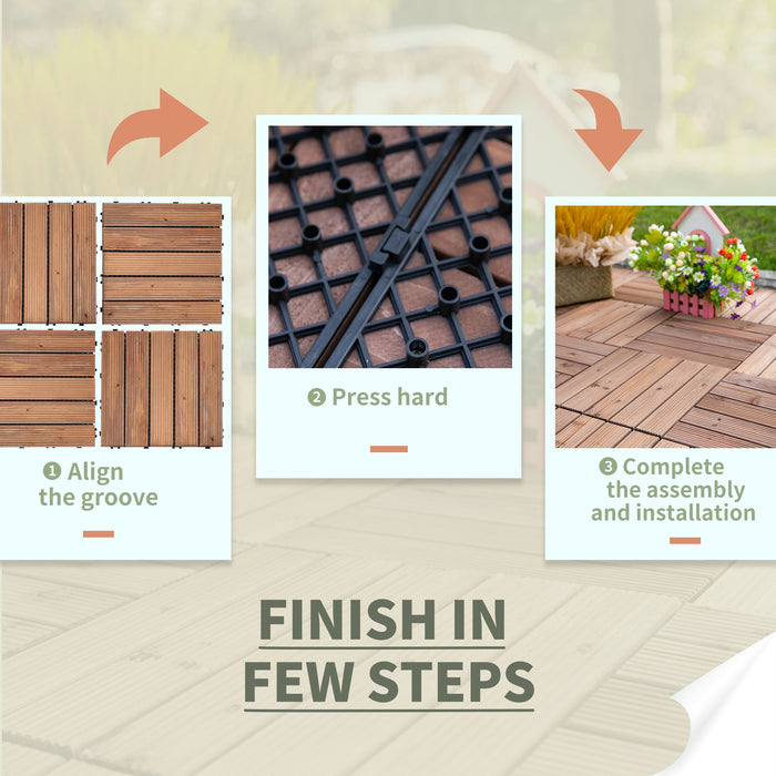 27 Pcs Solid Wood Interlocking Decking Tiles For Patio, Balcony, Roof Terrace, Hot Tub, Brown, (30 x 30 cm Per Piece)