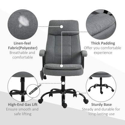 2-Point Massage Office Chair Linen-Look Ergonomic Adjustable Height w/ 360° Swivel 5 Castor Wheels Rocking Comfortable Executive Seat Grey