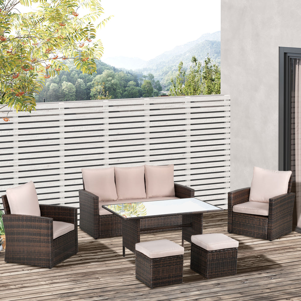 6 Pieces Outdoor PE Rattan Garden Furniture Set with Three-seat, Armchairs and Footstools, Patio Wicker Dining Sets w/ Glass Top Dining Table, Soft Cushion, Mixed Brown