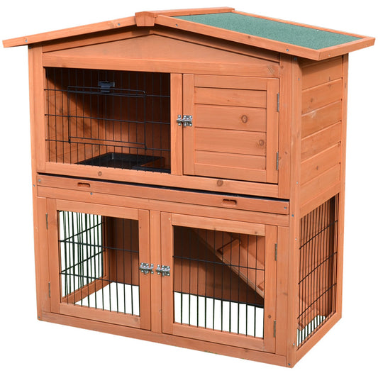 2-Tier Rabbit Hutch Outdoor, Large Guinea Pig Hutch, Bunny Cage with Ramp, Rabbit Run, Slide Out Tray for Indoor 100.5 x 55 x 101 cm