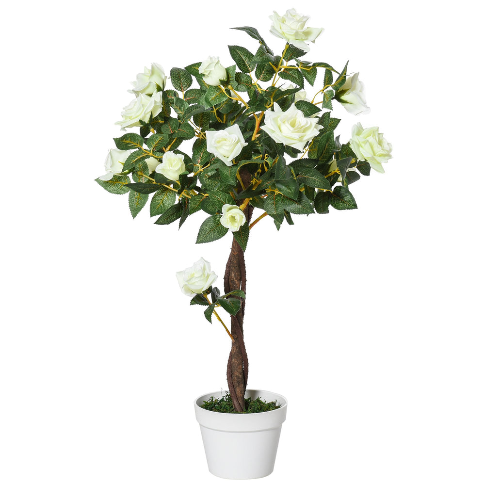 90cm/3FT Artificial Rose Tree Fake Decorative Plant w/ 21 Flowers Pot Indoor Outdoor Faux Decoration Home Office Décor White & Green