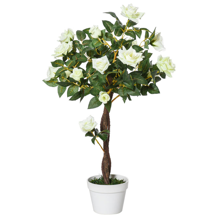 90cm/3FT Artificial Rose Tree Fake Decorative Plant w/ 21 Flowers Pot Indoor Outdoor Faux Decoration Home Office Décor White & Green