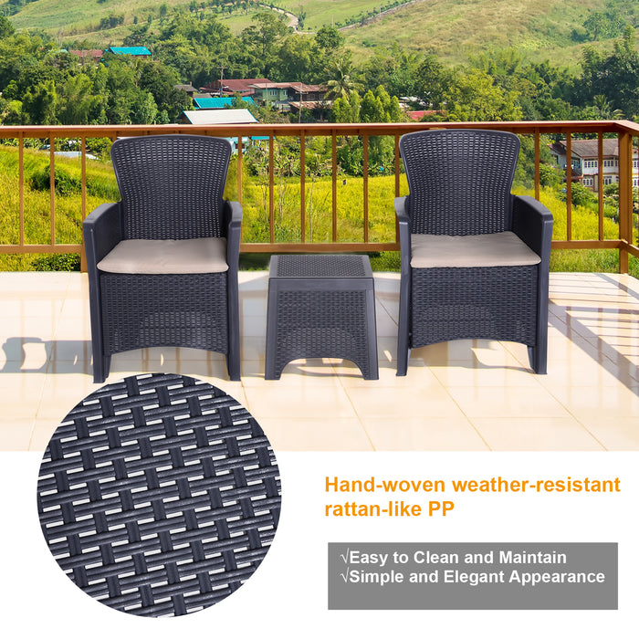 3 PCS Rattan Effect Garden Bistro Set  2 Chairs & Coffee Table Set with Cushion Patio Lawn Balcony Furniture - Dark Brown